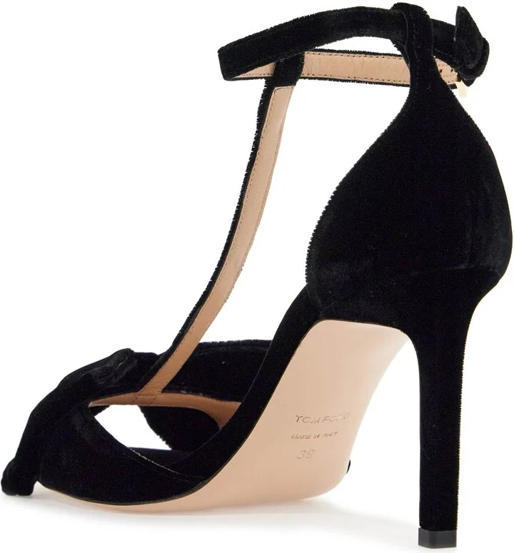 Black Medium Heeled Viscose Sandals With Golden Buckle - Image 3