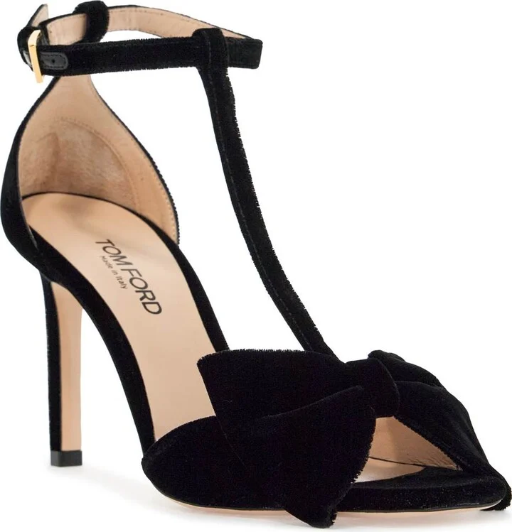 Black Medium Heeled Viscose Sandals With Golden Buckle - Image 4