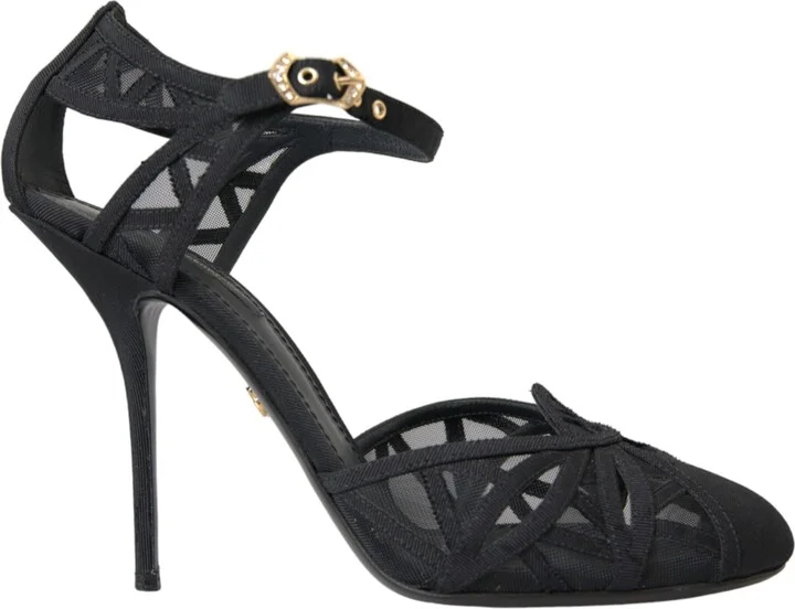 Black Mesh Ankle Strap Heels Sandals Women's Shoes (Pre-Owned)