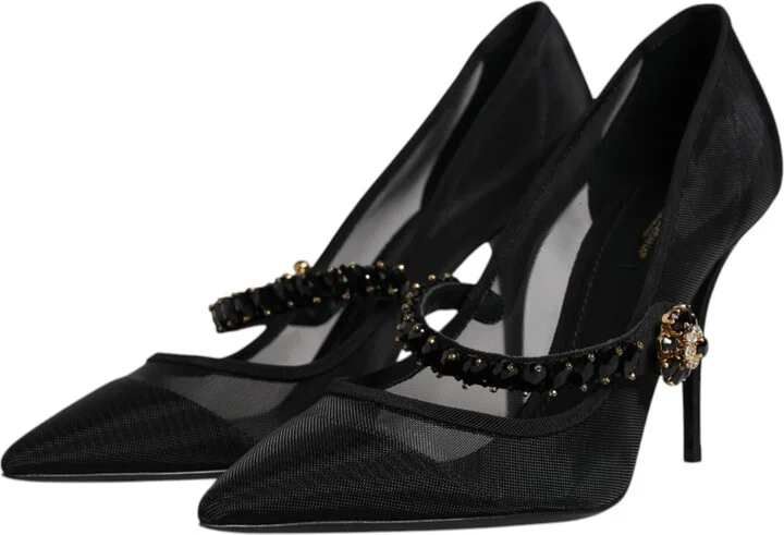 Black Mesh Mary Jane Crystal Heel Pump Women's Shoes (Pre-Owned) - Image 4