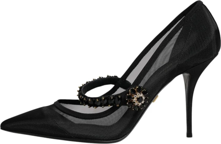 Black Mesh Mary Jane Crystal Heel Pump Women's Shoes (Pre-Owned) - Image 6