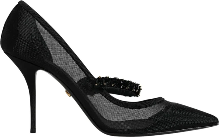 Black Mesh Mary Jane Crystal Heel Pump Women's Shoes (Pre-Owned)