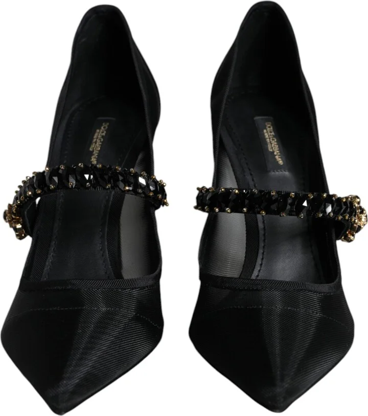 Black Mesh Mary Jane Crystal Heel Pumps Women's Shoes - Image 2