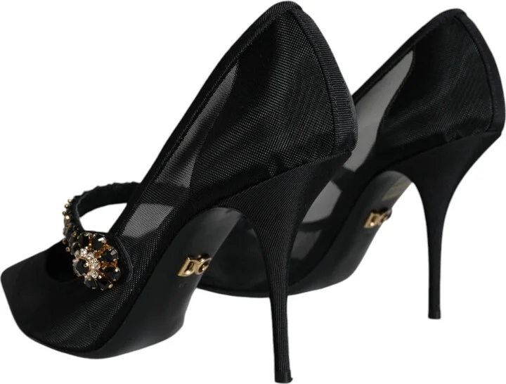 Black Mesh Mary Jane Crystal Heel Pumps Women's Shoes - Image 4