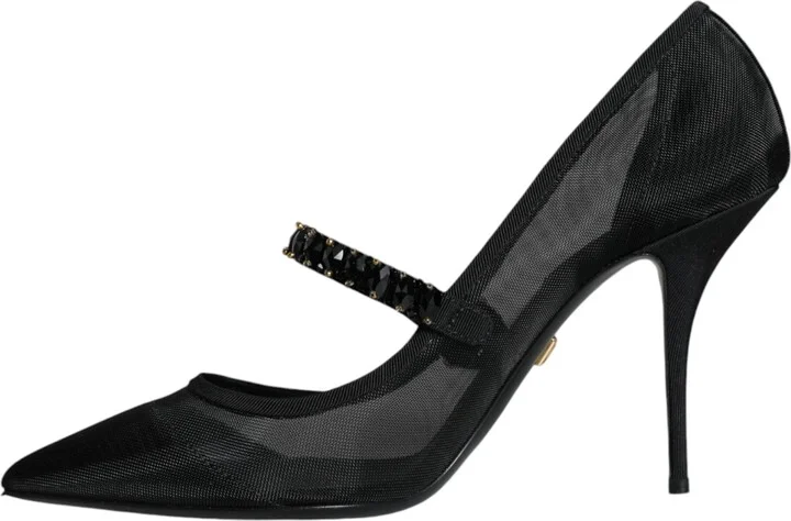 Black Mesh Mary Jane Crystal Heel Pumps Women's Shoes - Image 5