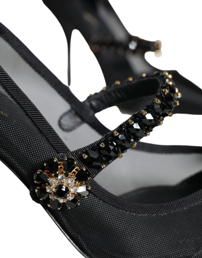 Black Mesh Mary Jane Crystal Heel Pumps Women's Shoes - Image 6