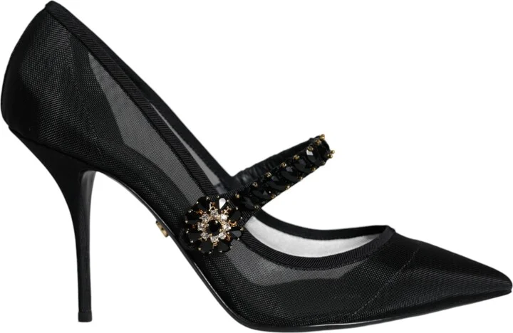 Black Mesh Mary Jane Crystal Heel Pumps Women's Shoes