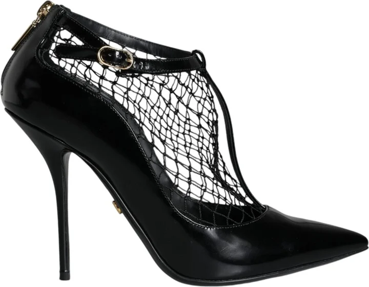 Black Mesh Patent Leather Heels Pumps Women's Shoes