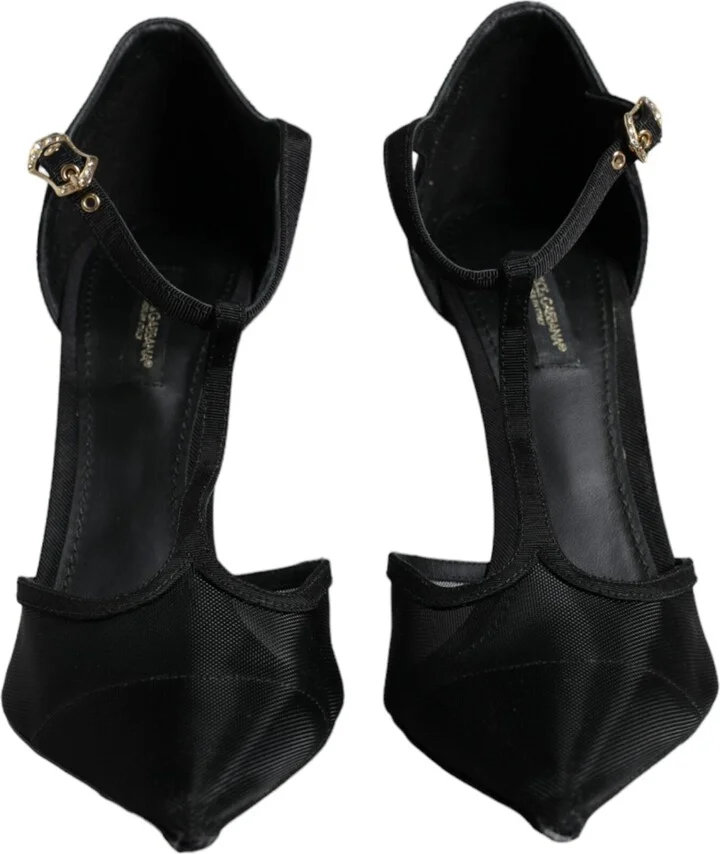 Black Mesh T-strap Stiletto High Heels Women's Shoes (Pre-Owned) - Image 2