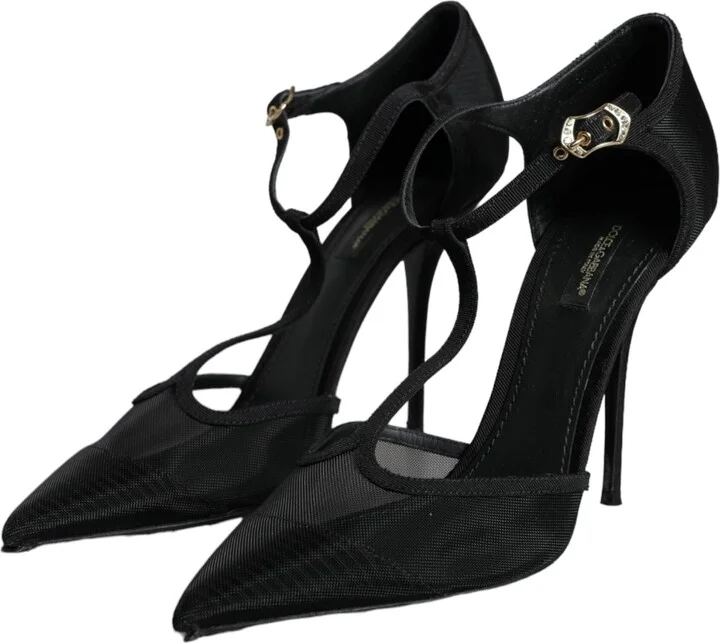Black Mesh T-strap Stiletto High Heels Women's Shoes (Pre-Owned) - Image 3