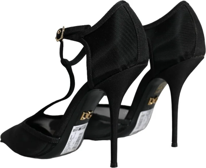 Black Mesh T-strap Stiletto High Heels Women's Shoes (Pre-Owned) - Image 4
