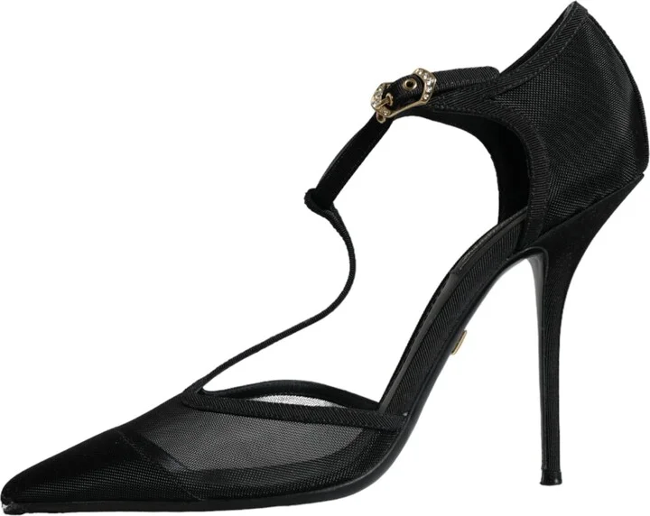 Black Mesh T-strap Stiletto High Heels Women's Shoes (Pre-Owned) - Image 5