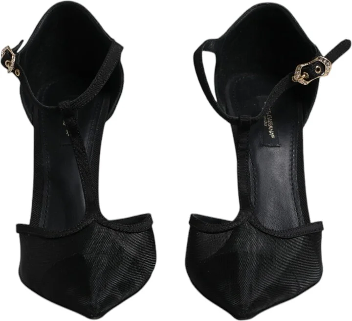 Black Mesh T-strap Stiletto High Heels Women's Shoes (Pre-Owned) - Image 2