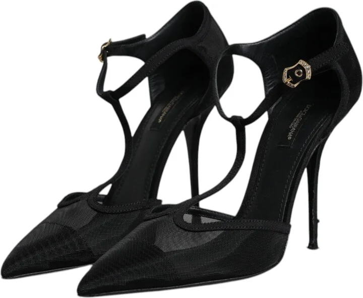 Black Mesh T-strap Stiletto High Heels Women's Shoes (Pre-Owned) - Image 4