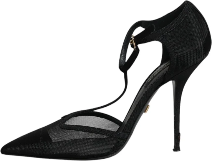 Black Mesh T-strap Stiletto High Heels Women's Shoes (Pre-Owned) - Image 6
