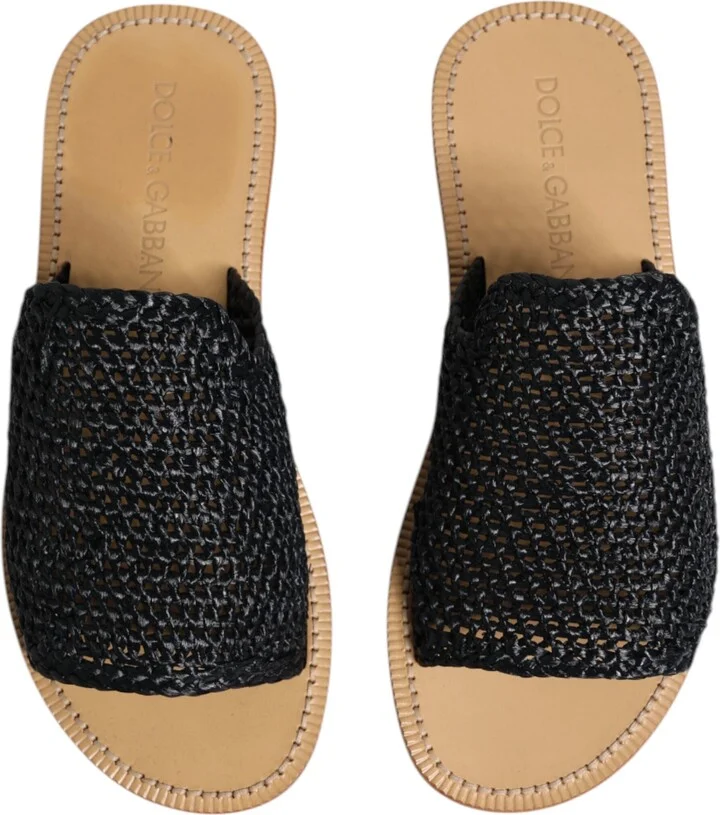 Black Monochrome Braided Raffia Slides Men's Shoes - Image 3