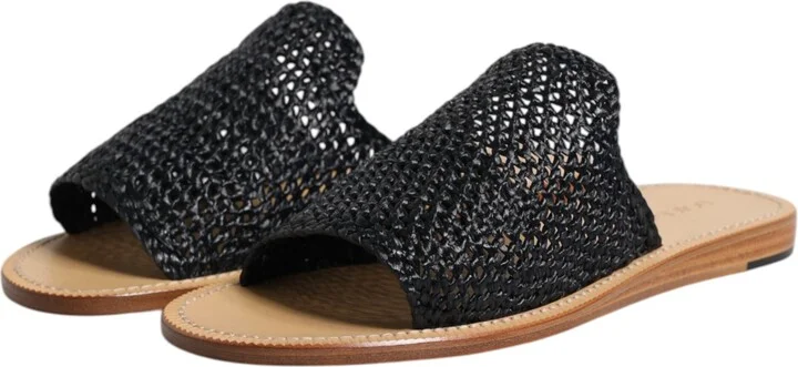 Black Monochrome Braided Raffia Slides Men's Shoes - Image 4