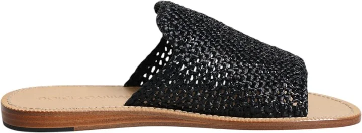 Black Monochrome Braided Raffia Slides Men's Shoes