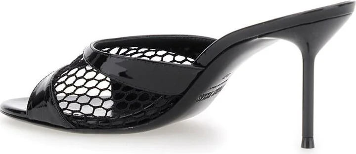 Black Mule With Mesh Design And Stiletto Heel In Leather Woman - Image 3