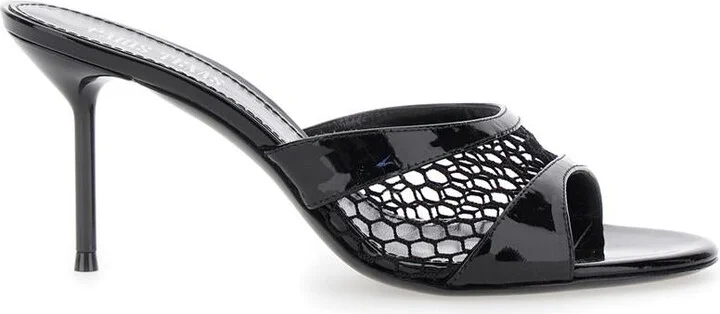 Black Mule With Mesh Design And Stiletto Heel In Leather Woman