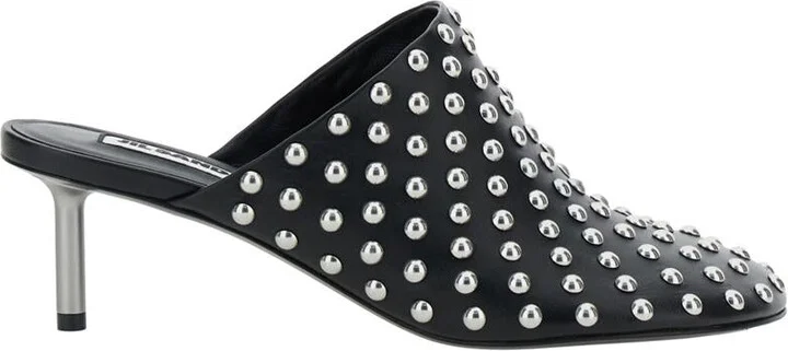 Black Mules With Low Heel And All-Over Stud Embellishments In Leather Woman
