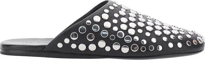 Black Mules With Round Toe And Stud Embellishments In Leather Woman