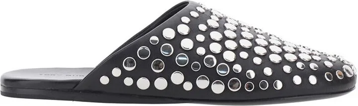 Black Mules With Round Toe And Stud Embellishments In Leather Woman