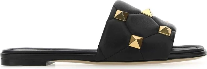 Black Nappa Leather Roman Stud Slippers