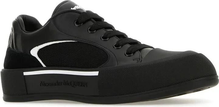 Black Nylon And Leather Plimsoll Sneakers - Image 2