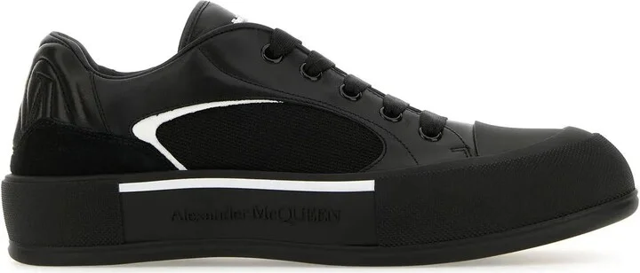 Black Nylon And Leather Plimsoll Sneakers