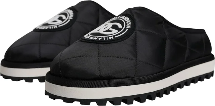 Black Nylon Quilted Logo Patch Sandals Slides Men's Shoes