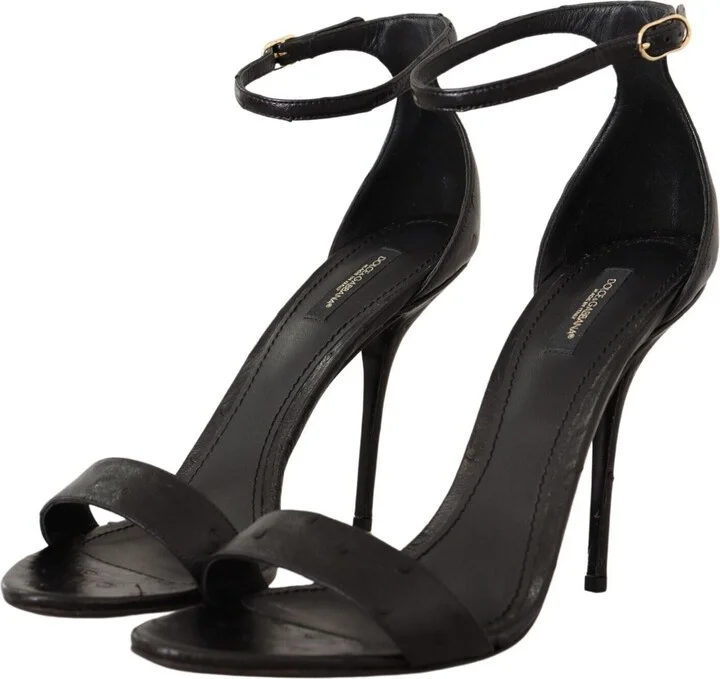 Black Ostrich Ankle Strap Heels Sandals Women's Shoes - Image 2