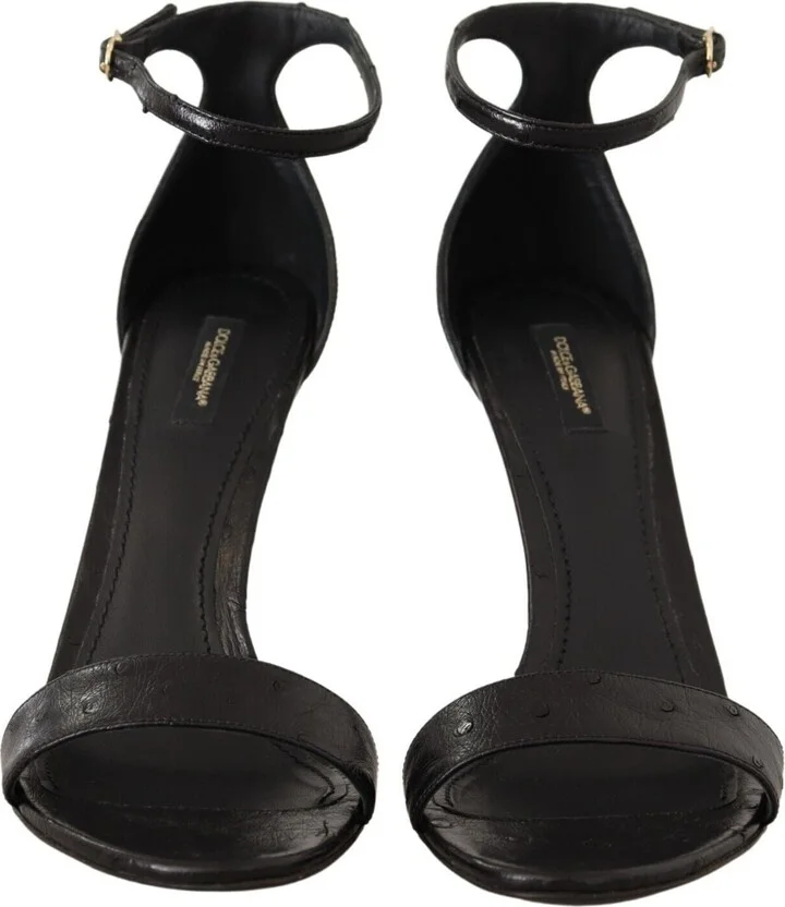 Black Ostrich Ankle Strap Heels Sandals Women's Shoes - Image 3