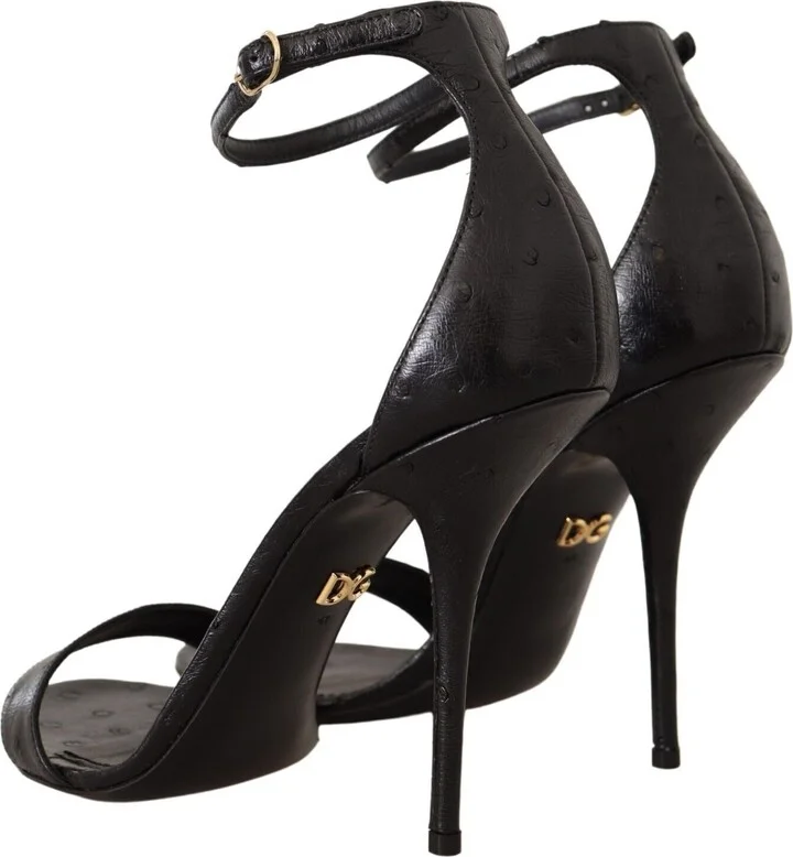 Black Ostrich Ankle Strap Heels Sandals Women's Shoes - Image 4