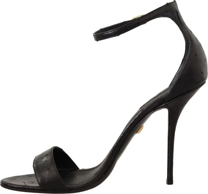 Black Ostrich Ankle Strap Heels Sandals Women's Shoes - Image 5