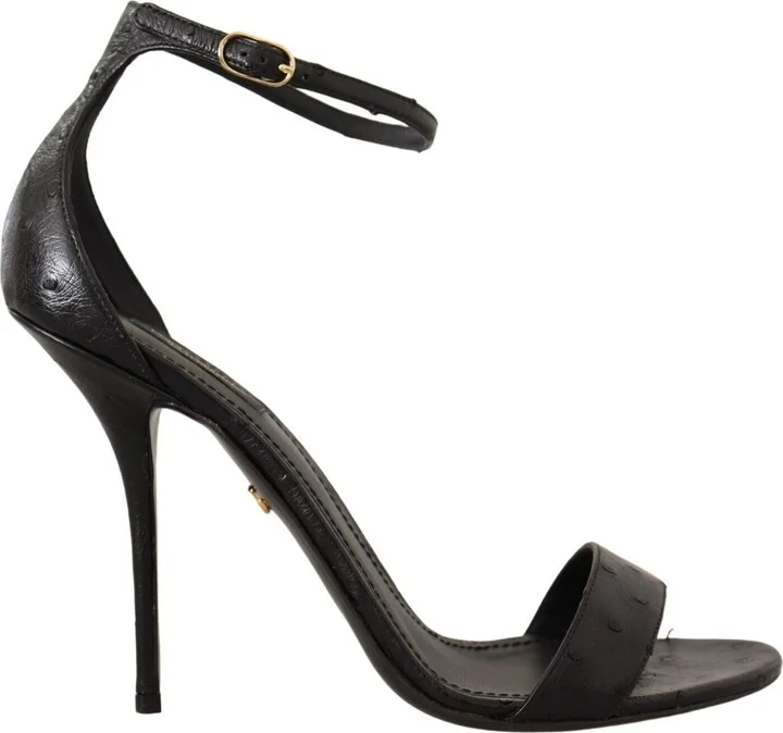 Black Ostrich Ankle Strap Heels Sandals Women's Shoes