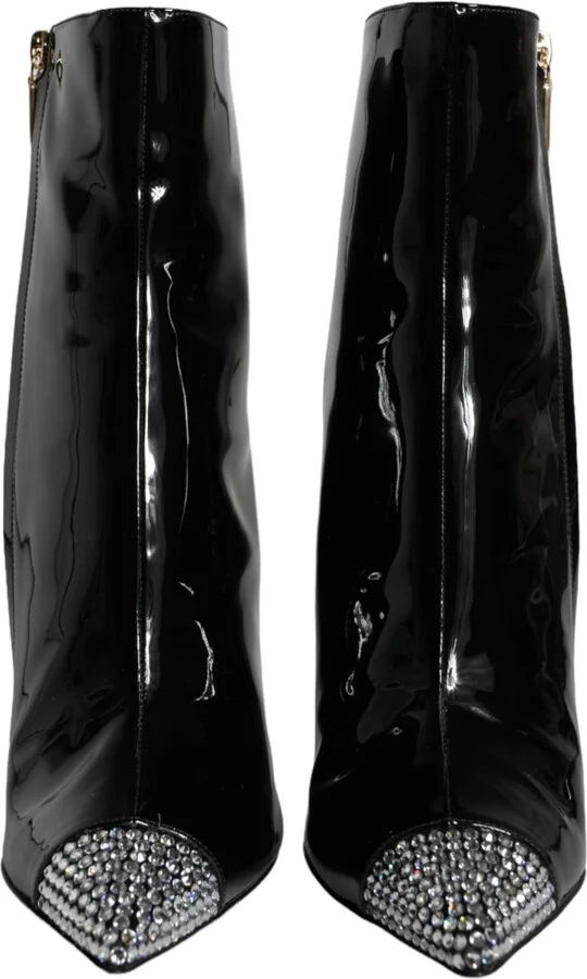 Black Patent Leather Crystal Heel Boots Women's Shoes - Image 2