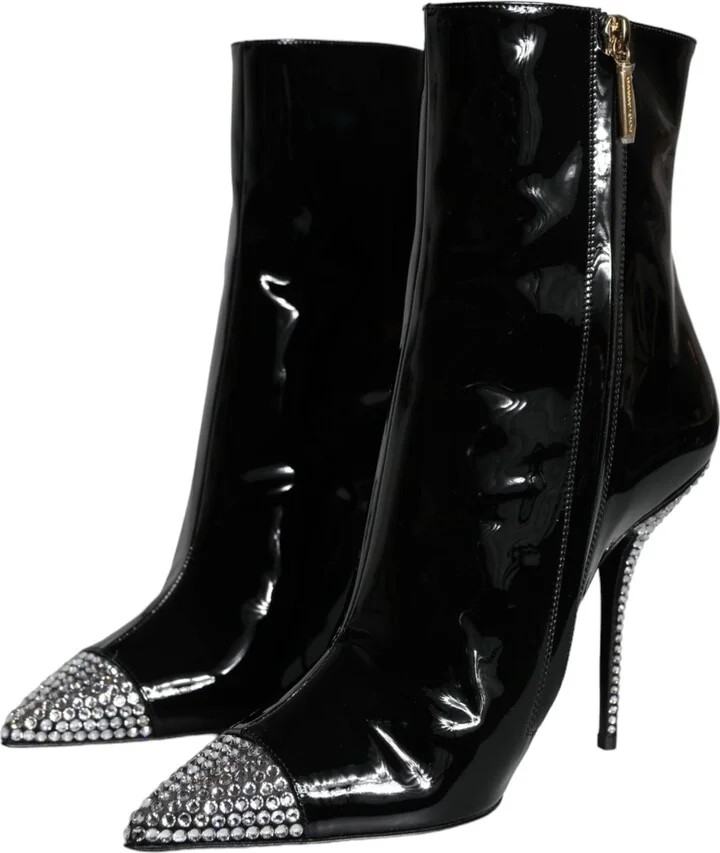 Black Patent Leather Crystal Heel Boots Women's Shoes - Image 3