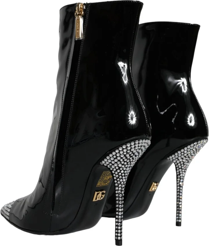 Black Patent Leather Crystal Heel Boots Women's Shoes - Image 4