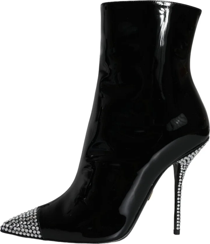 Black Patent Leather Crystal Heel Boots Women's Shoes - Image 5