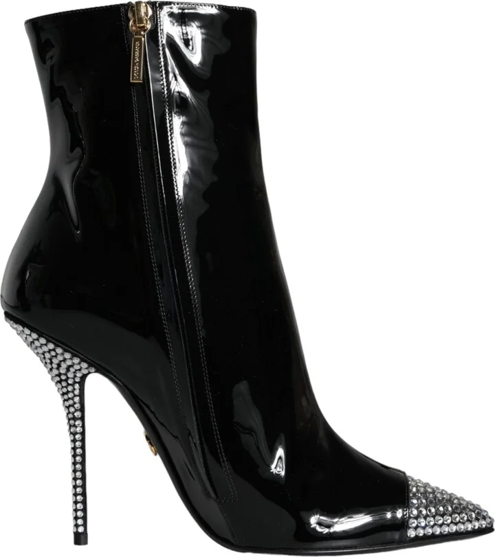 Black Patent Leather Crystal Heel Boots Women's Shoes