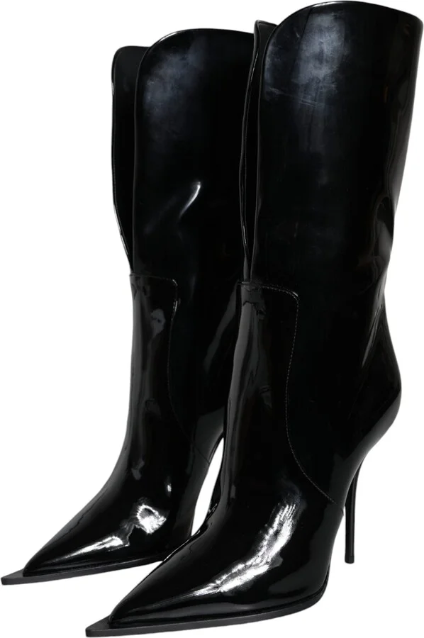 Black Patent Leather Mid Calf Boots Women's Shoes - Image 3