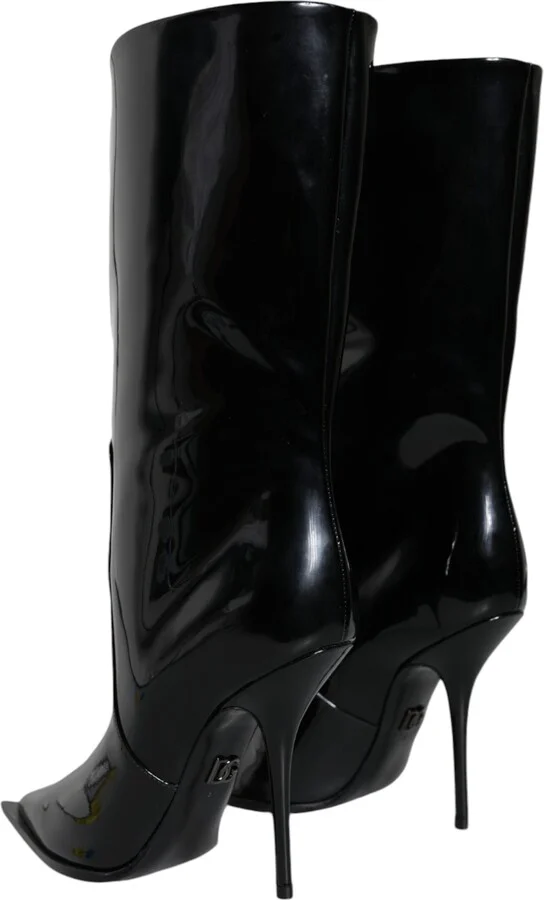 Black Patent Leather Mid Calf Boots Women's Shoes - Image 4