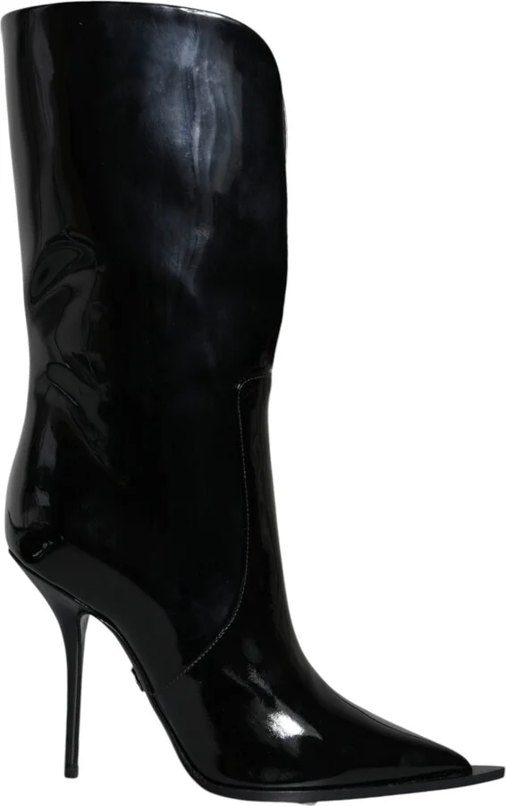 Black Patent Leather Mid Calf Boots Women's Shoes