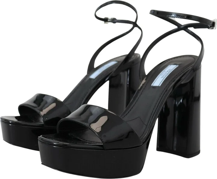 Black Patent Sandals Ankle Strap Heels Women's Leather - Image 5