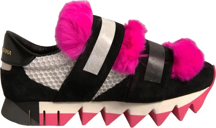 Black Pink Fur Embellished Sneakers Women's Shoes (Pre-Owned)