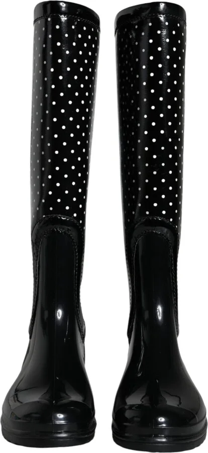 Black Polka Dot Rubber Knee High Boots Women's Shoes - Image 2