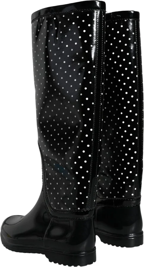 Black Polka Dot Rubber Knee High Boots Women's Shoes - Image 4