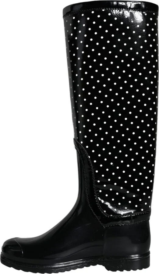 Black Polka Dot Rubber Knee High Boots Women's Shoes - Image 5