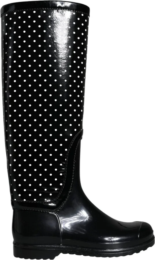 Black Polka Dot Rubber Knee High Boots Women's Shoes